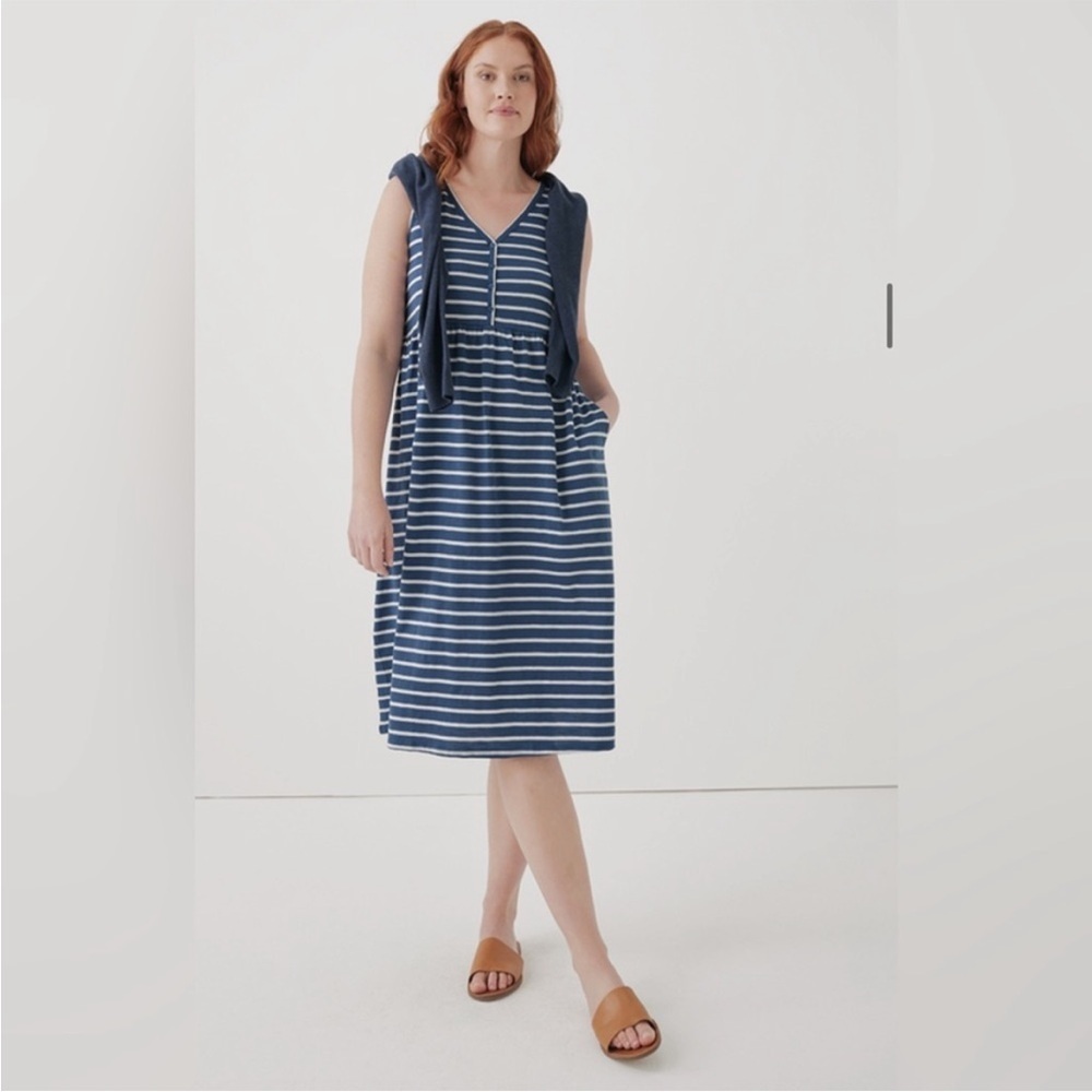 EUC Pact Yacht Stripe Relaxed Slub Henley Tank Dress (XS, Navy White)